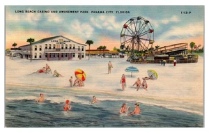 PANAMA CITY FLORIDA LONG BEACH CASINO AMUSEMENT PARK FERRIS WHEEL LINEN POSTCARD - Picture 1 of 2