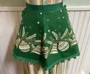Vintage Weihnachten Halbschürze dunkelgrün Filz Weißgold Ornamente Design Pompompom - Bild 1 von 5