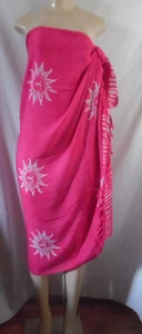 -SARONG WRAP WHITE PINK SUN BORDER BATIK RAYON FRINGE L 45" xW 63" XL - Picture 1 of 6