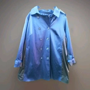 JOAN RIVERS COAT WOMENS PLUS SZ 3X BLUE BLACK TRENCH BUTTON TIE WAIST POCKETS - Picture 1 of 17