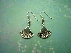 Exotic Fan Shaped Vintage Sterling Silver Earrings - Black Onyx - 925 Hallmarked - Picture 1 of 2