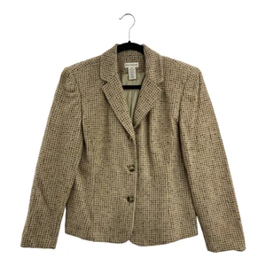 Ann Taylor Womens Suit Jacket Blazer Beige Wool Blend Herringbone Long Sleeve 10 - Picture 1 of 6