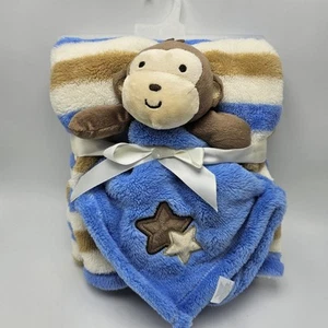 Baby Gear 2 PC Set Blanket Monkey Lovey Security Plush Blanket Toy Blue Brown - Picture 1 of 6