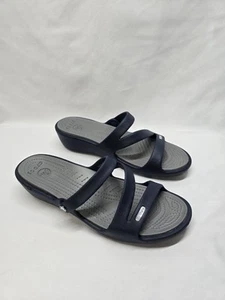 Crocs Patricia Wedge Strappy Slide Slip On Sandals Womens Size 10 Gray/Navy Blue - Picture 1 of 7