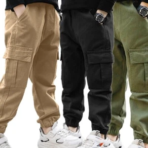 Kids Boys Cargo Jogger Pants Elastic Waist Baggy Pants Casual Hiking Trouser - Picture 1 of 22