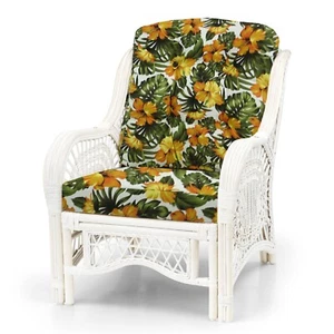 Lounge Armchair Malibu Handmade Rattan Wicker w/ Floral Cushions, White - Picture 1 of 5