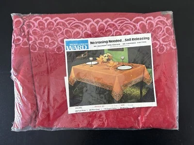 Vintage Montgomery Ward Lace Border Tablecloth Red DuPont 67” x 90” Oval NOS - Image 1 of 4