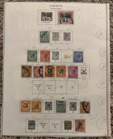 1900-1927 JAMAICA STAMP LOT ON ALBUM PAGE, KGV, WAR STAMP OVERPRINTS Cover