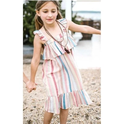 Vestido Rosa Pollo Amalia Niñas 8Y Multicolor Rayas Volantes Dobladillo Algodón Solero Foto 1 de 4