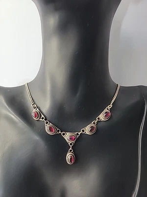 Collar vintage de plata de ley 925 con cabujón y piedra roja joyería artesanal Foto 1 de 4