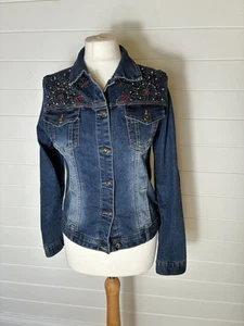 VINTAGE Y2K STRETCH DENIM JACKET BEADING EMBROIDERY APPROX 8 10 - Picture 1 of 12