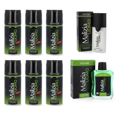 Malizia Uomo Vetyver SET 6x150ml Deo +1x50ml EdT Parfum + 1x100ml After Shave - Bild 1 von 4