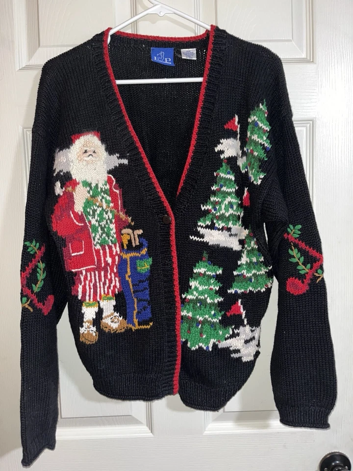 EP Pro Golf Cardigan Sweater Knit Christmas M Medium Santa Claus Bag Tree Club V - Image 1 of 4