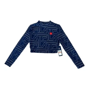 Fila Womens Hamsika Logo-Print Cropped Long-Sleeve Top Blue Red Crew Neck XS New - Picture 1 of 11