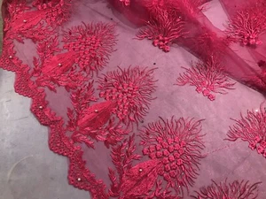 Fuchsia embroidery Rhinestone Lace Fabric 50” Width Sold By The Yard - Picture 1 of 8