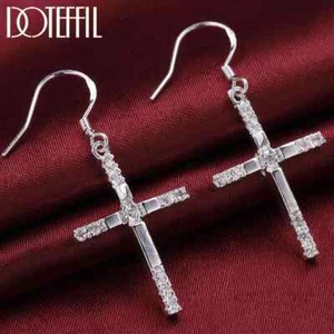 Pendientes de gota de circón de plata esterlina 925 DOTEFFIL con cruz de ley AAA dije fiesta joyería - Imagen 1 de 6