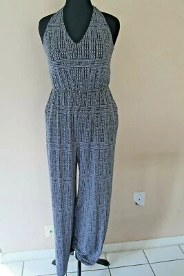 BCBGeneration Black White Geometric Print Combo Pant Jumpsuit sz M Halter YJ01 - Image 1 of 4