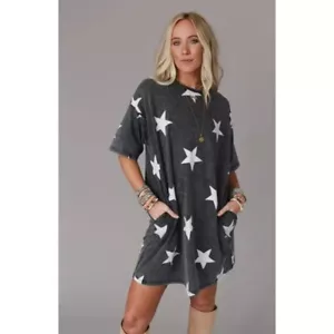New Three Bird Nest Star Power Tee Dress Size S Oversized Distressed Dk Gray NWT - Picture 1 of 9
