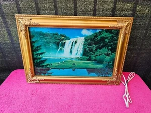 Vintage 26" X 18" Framed Gold Moving Waterfall Horses Lake With Sound & Light Up - Picture 1 of 15