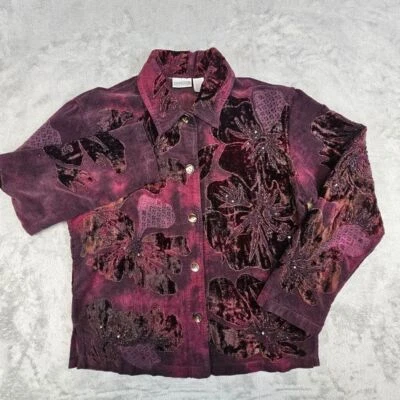 Chaqueta de vestir Chico's para mujer 0 borgoña con cuentas lentejuelas apliques terciopelo abotonado Foto 1 de 4