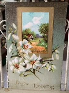 OSTERGRUSS Lilien Land Szene GERAHMT in GOLD Vintage Postkarte 1913 - Bild 1 von 6