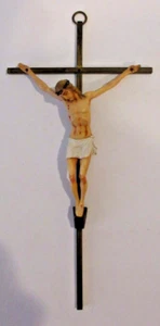 VINTAGE Solid Brass Crucifix Cross & Celluloid Jesus Wall Hanging 9.75"x5" ITALY - Picture 1 of 5