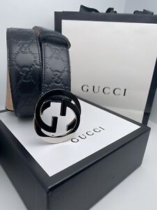 Gucci Belt Leather Black with Logo US Size 38 Authentic 