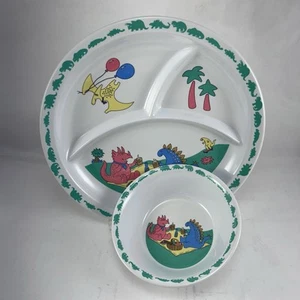 Cuenco de plato dividido de dinosaurio vintage de melamina para niños - Imagen 1 de 18