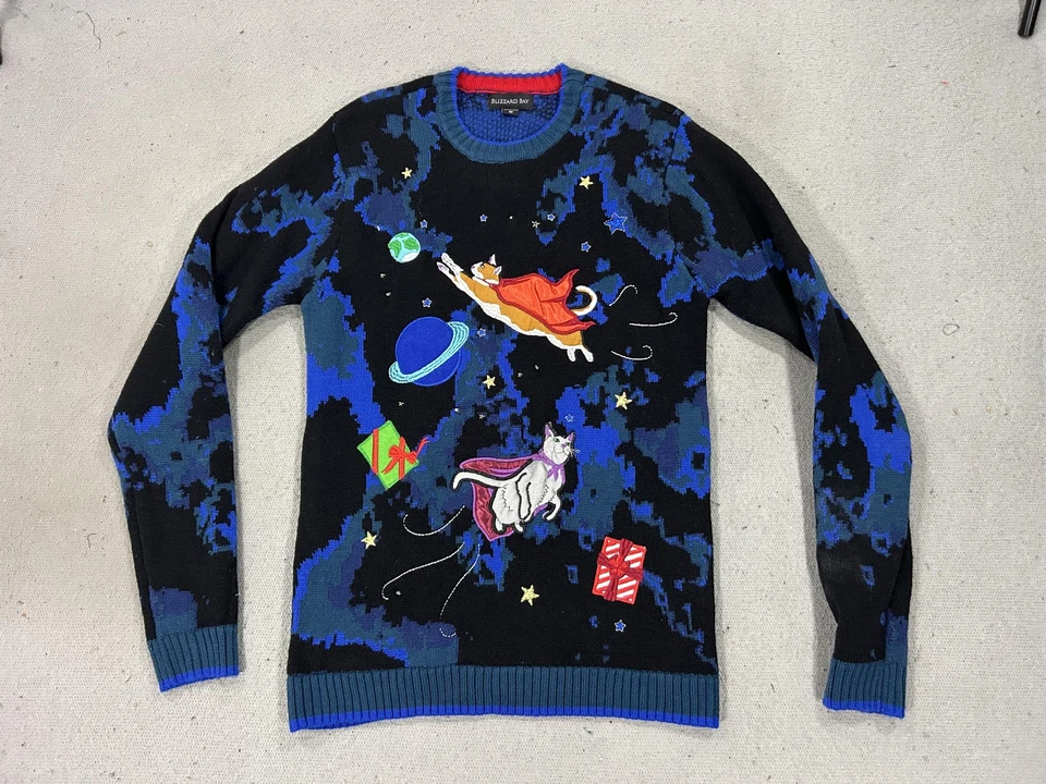 Suéter Blizzard Bay Para Hombres Mediano Negro Azul Iluminado Feo Navidad Gatos Espaciales Foto 1 de 4