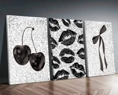 3 Piece Modern Retro Sexy Black & White Framed Canvas Wall Art Lips Cherry Bow - Image 1 of 4