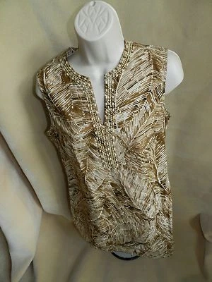 LIZ & CO. Женская M коричневый Geoprint V шеи бисером Майка б/у в отличном состоянии - Изображение 1 из 4