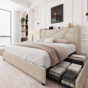Queen Bed Frame with 4 Storage Drawers, Upholstered Platform Bed Frame with Char - Picture 1 of 6
