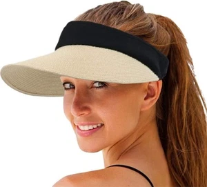 Women Straw Sun Visor Hat Wide Brim Summer UV Protection One Size, Beige - Picture 1 of 7