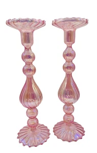 Set Of 2 Iridescent Pink Glass Candle Stick Holders 12” For Multiple size Candle - Picture 1 of 7