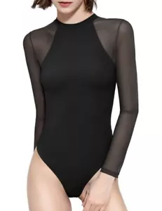 PUMIEY Bodysuits For Women Long Sleeve Tops Jet Black Medium Sheer Sleeve - Picture 1 of 4