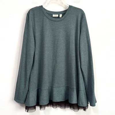 LOGO Lori Goldstein Sudadera Verde Piedra L Malla Dobladillo Pullover Acogedora Camisa Informal Foto 1 de 4