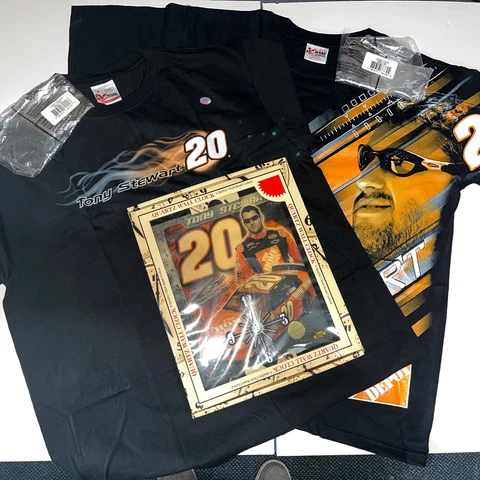 Two  NASCAR TONY STEWART #20 JOE GIBB'S RACING Tee Shirts + Wall Clock “NEW” MED Cover