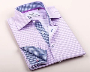 Camisa de vestir lila clásica formal de negocios a cuadros cheques sarga egipcia - Imagen 1 de 6