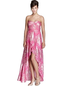 AQUA ~ Pink Foiled Chiffon Sweetheart Strapless Hi-Low Formal Gown 0 NEW $268 - Picture 1 of 6