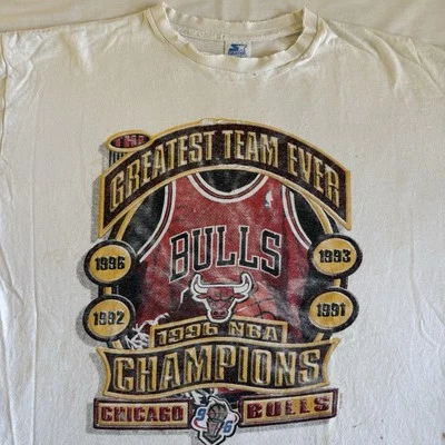 VTG Chicago Bulls T-Shirt Greatest Team Ever 1996 Champs XL Starter THRASHED 90s - Image 1 of 4