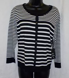 Suéter VIP Talla PL NUEVO CON ETIQUETAS Negro Rayas Mezcla Rayón Mangas 3/4 Cuello Barco Botones - Imagen 1 de 12
