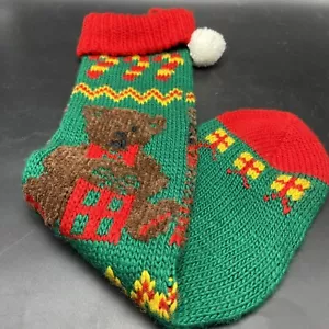 Vtg Knit 24” Xmas Stocking Teddy Bear Green w Red Trim at Toe Cuff 1 Pom Taiwan - Picture 1 of 7