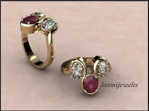 1.85CT Oval Cut Genuine Ruby Engagement Wedding 3-Stone Ring 14K Yellow Gold FN - Picture 1 of 7