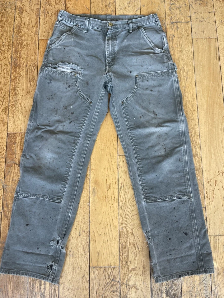 Б/у Carhartt мужчин холст двойной колена широкие брюки выцветший зеленый 30 x 32 - Изображение 1 из 3