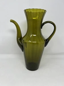VINTAGE Mid-Century Italian EMPOLI Glass Pitcher - Olive Green Optic - 12" - Picture 1 of 11