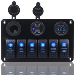 12V Switch Panel 6 Gang 2 USB Car Boat Marine ON-OFF LED Rocker Toggle Control - Picture 1 of 11