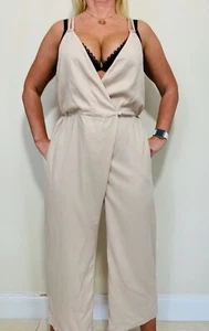 NEW ZARA Beige double stewpot back jumpsuit V neck Sleeveless size S #2856 - Picture 1 of 5
