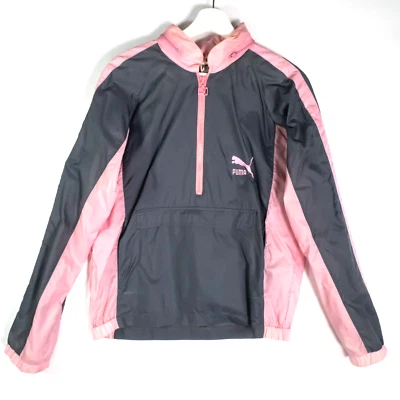 Vtg PUMA Jacket Women's Size M Track Nylon Track 80's Gray Pink Zip Hood - image 1 of 4