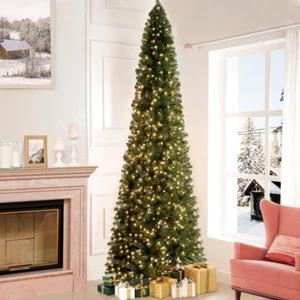 9Ft Slim Christmas Tree with Lights, Realistic Skinny Pencil Christmas Tree Prel - Picture 1 of 9