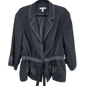 Vintage JM Collection Size 18W 100% Linen Blazer Jacket Black Rhinestone - Picture 1 of 9